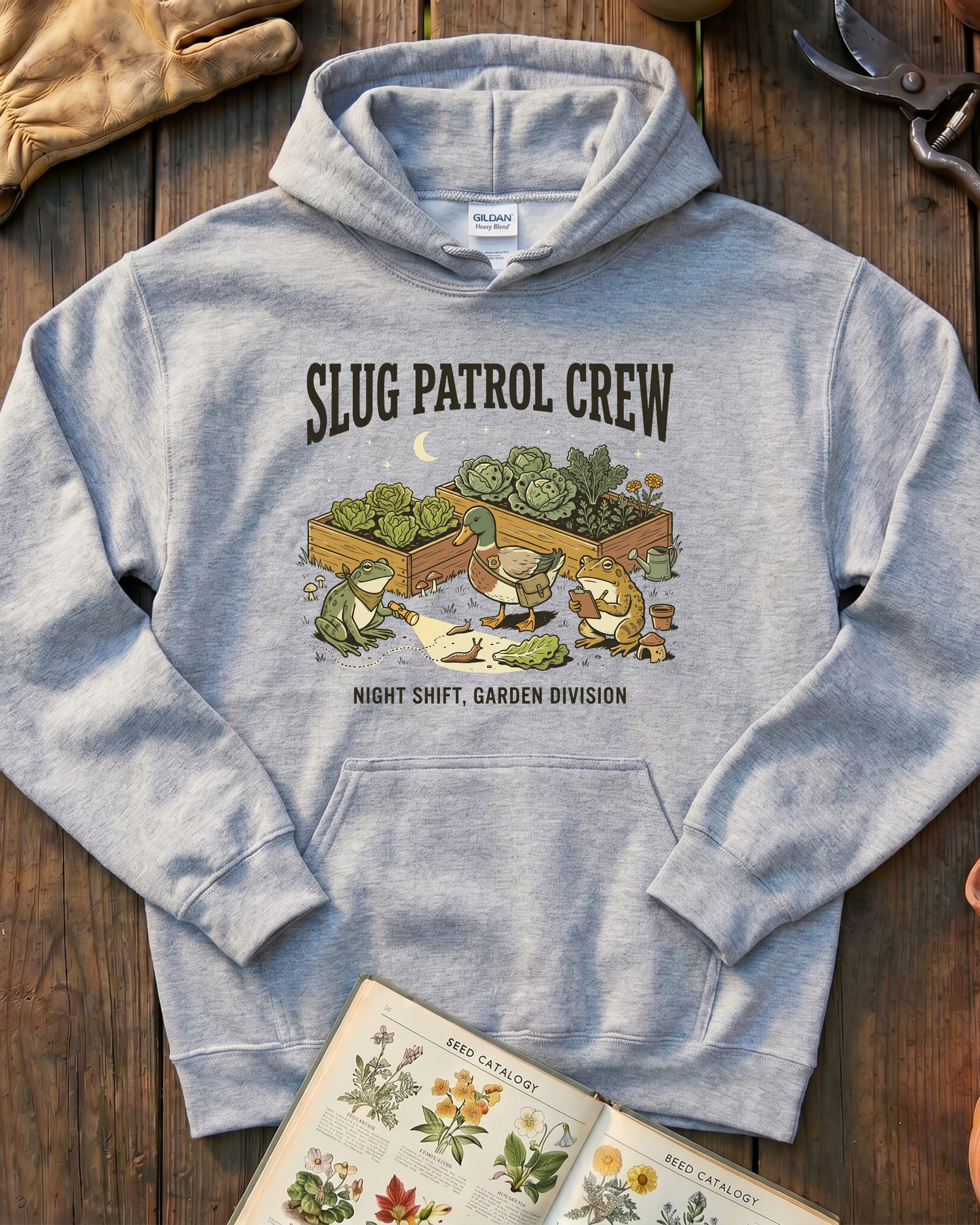 Slug Patrol Crew Frog Duck Toad Garden Hoodie