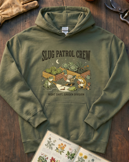 Slug Patrol Crew Frog Duck Toad Garden Hoodie