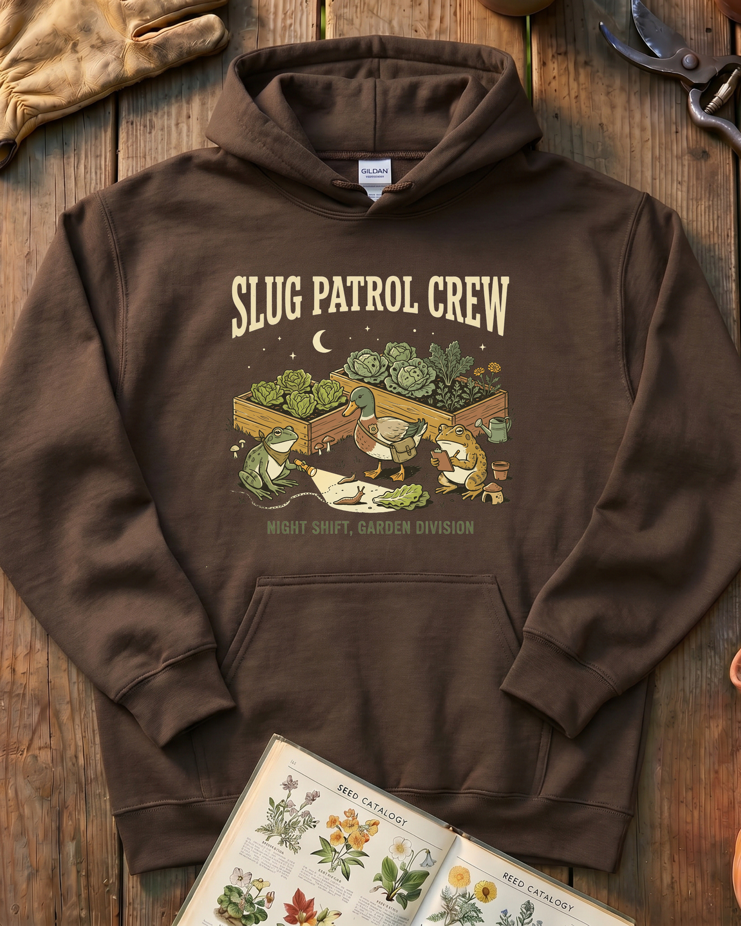 Slug Patrol Crew Frog Duck Toad Garden Hoodie