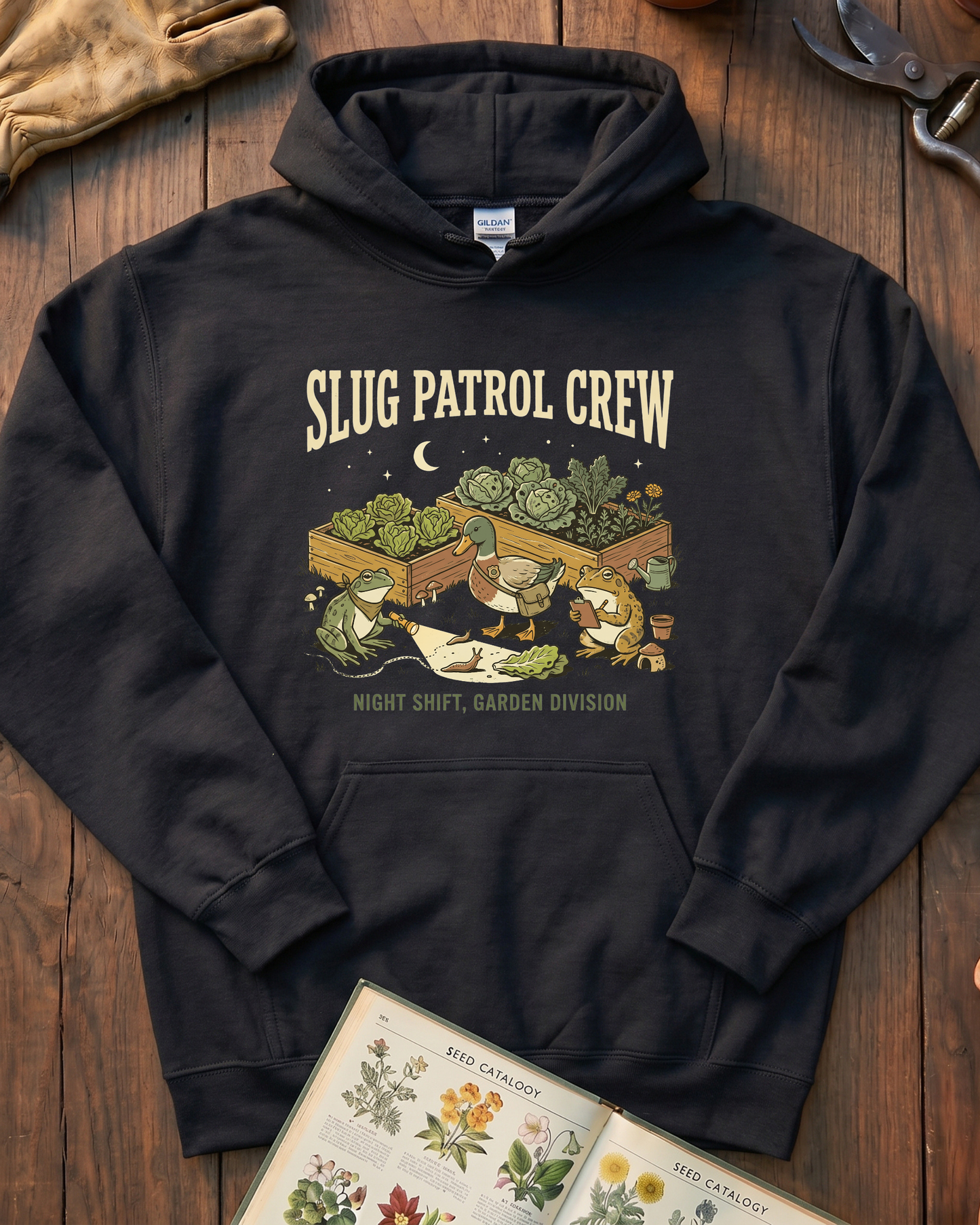 Slug Patrol Crew Frog Duck Toad Garden Hoodie