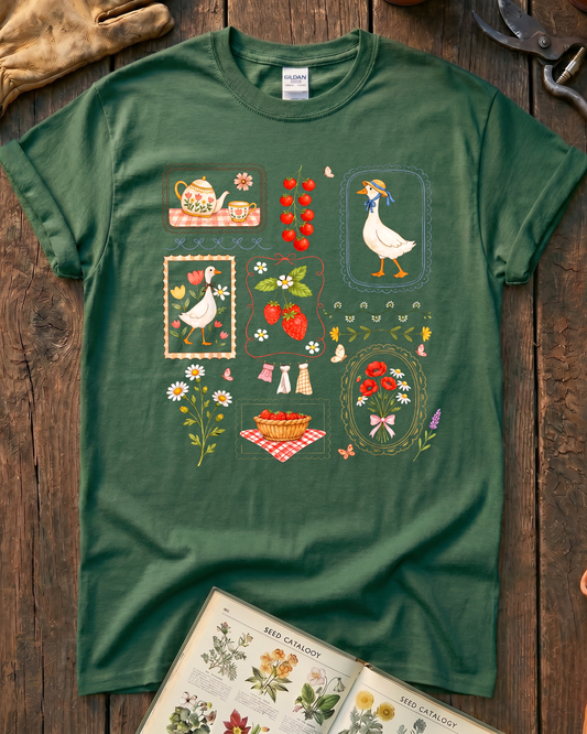 Cottagecore Duck Strawberry Floral Garden T-Shirt